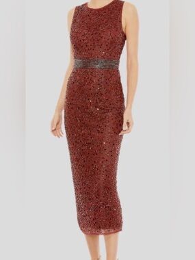 Mac Duggal Beaded Burgundy Dress Size 4- Geometric Embellished Midi